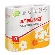 Бумага туалетная быт., спайка 4 шт., 2-х слойная, (4х19 м), ЛАЙМА, белая, 126904 - фото